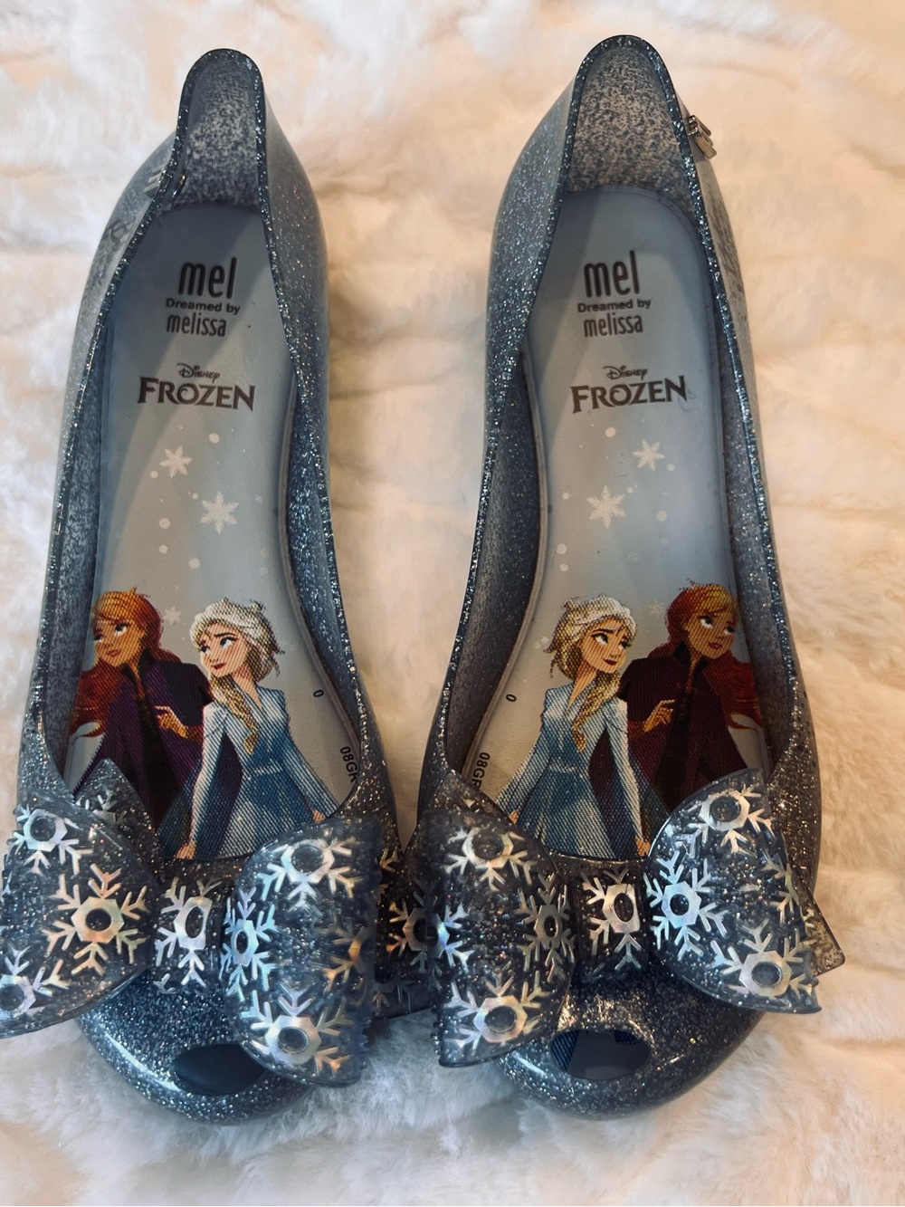 Mel by Melissa Glitter Silver Blue Frozen Snowflake Bow Flats